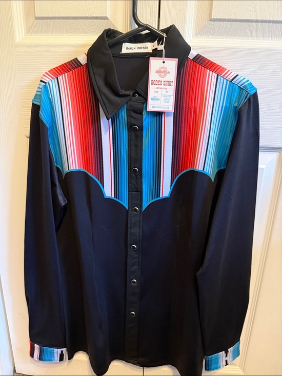 Ranch Dressn Tops - Ranch Dressn Women's Black Rodeo Shirt with Multi-Stripe Yoke